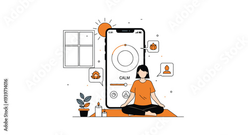 Vector illustration of a woman meditating with mobile phone and wellness icons