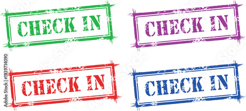 A set of colorful check-in stamps on a white background