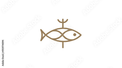 Elegant minimalist fish and trident line art icon. Simple aquatic symbol for seafood, restaurant, or marine themes.