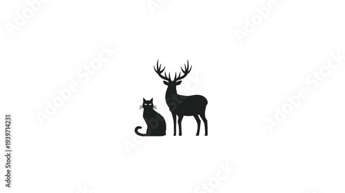 Black silhouette of a domestic cat and a majestic deer with antlers standing together on a clean white background. Minimalist animal vector illustration.