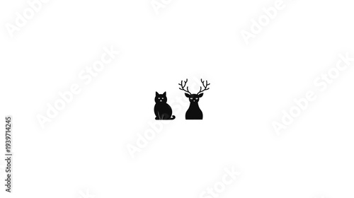 Mysterious black cat and stag silhouette illustration. Dark, minimalist graphic art on a clean white background, symbolic animal design