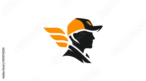 Stylized winged head profile wearing a cap, representing speed, express delivery, courier services, and swift communication