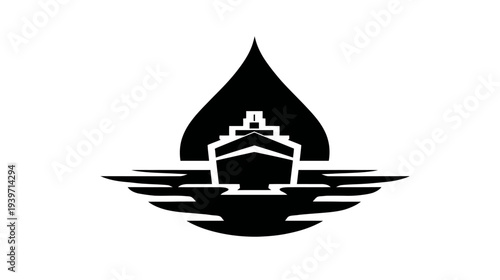 Modern black and white vector icon depicting a cargo or cruise ship on water, framed by a stylized fuel or water drop.