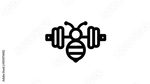 Bee Lifting Dumbbell Icon for Fitness, Strength, and Workout Concepts. Black Line Art Symbol of Hard Work and Power.