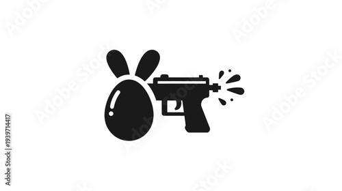 Playful Easter egg with bunny ears icon next to a water gun shooting water, black and white vector graphic for holiday design and fun