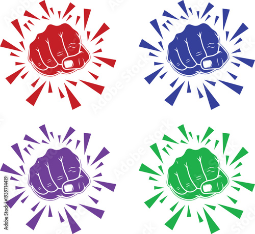 A colorful illustration of four fists with different colored backgrounds and explosive effects