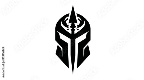 Stylized Spartan Helmet Icon with Spear. Ancient Warrior Symbol, Greek Roman Gladiator Emblem. Black and White Graphic Design Element.