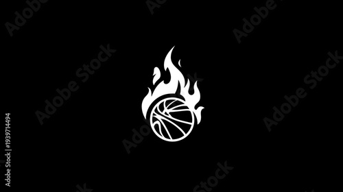 Dynamic basketball engulfed in flames, a powerful white silhouette on black, symbolizing passion, energy, and competitive sport.