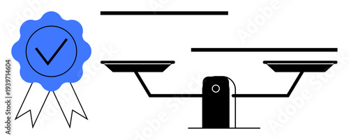 Quality control, trustworthiness, legal fairness, ethical standards, business integrity, compliance. A blue certified badge next to a balance scale. Quality control and legal fairness concept