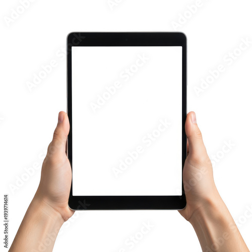 A pair of hands holding a blank tablet with a white screen