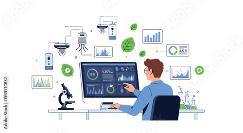Vector illustration of man working on computer with data analysis and science icons