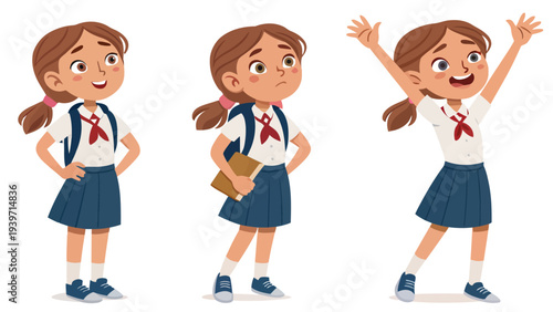 Happy schoolgirl in uniform showing different emotions and actions