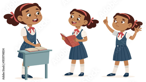 Three happy schoolgirls in uniform engaged in learning activities