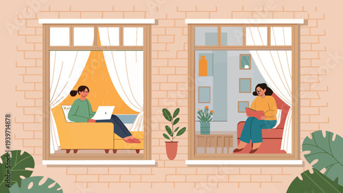 Two women relaxing in cozy home environments with modern technology
