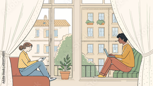 Two people working remotely from home with city view