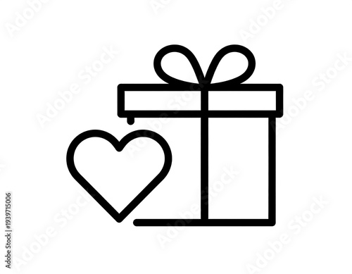 A black outlined gift box and heart, presented in a minimalist, icon-style design on a clean white background
