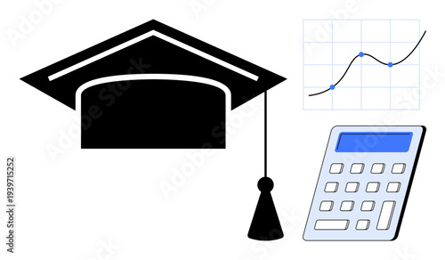 Education, academic success, statistics, learning, math studies, data analysis. A graduation cap, a calculator and a line graph. Education and academic success in modern schooling concepts