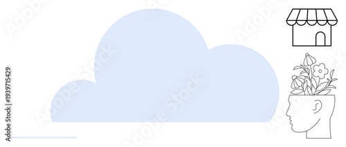 Blue cloud, storefront, human head with flowers representing growth, creativity, small business, technology, innovation. Ideal for entrepreneurship, imagination sustainability data storage