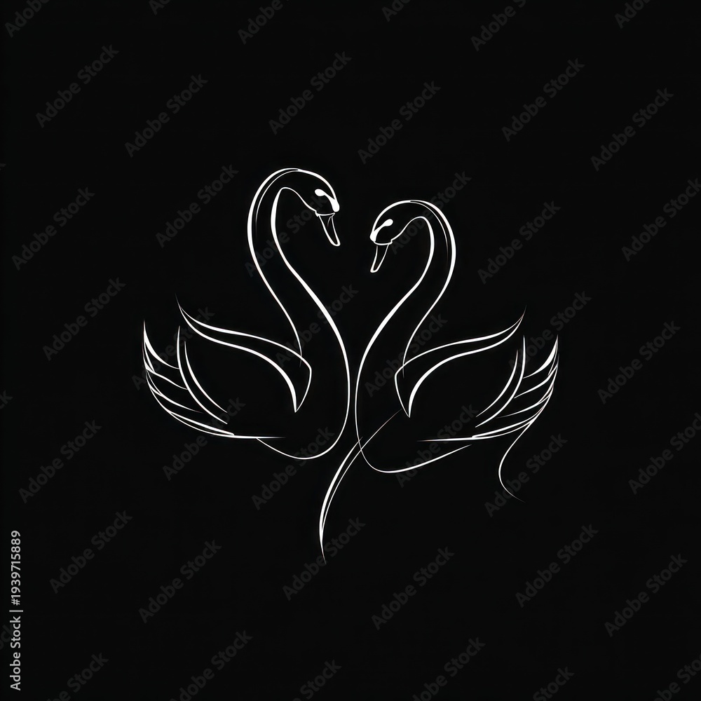 Fototapeta premium Delicate white outline of two swans forming a heart, against a stark black background