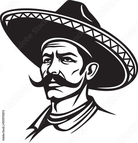 Mexican Portrait with Sombrero Hat – Traditional Latino Man Vector Illustration.