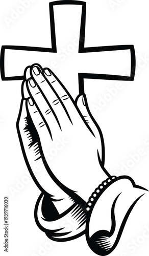 Praying hands with christian cross illustration