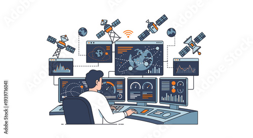 Vector illustration of man controlling satellite systems