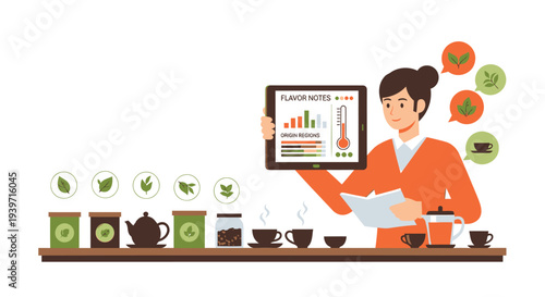 Vector illustration of woman analyzing tea flavors with infographic and samples