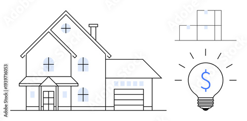 Real estate, energy savings, home efficiency, financial planning, property investment, eco solutions. Outline of a house with windows, boxes and a dollar sign inside a light bulb. Real estate