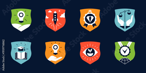 Mission and Values Icon Set with shields. Emblems for Vision, Excellence, Integrity, Innovation, Education, etc