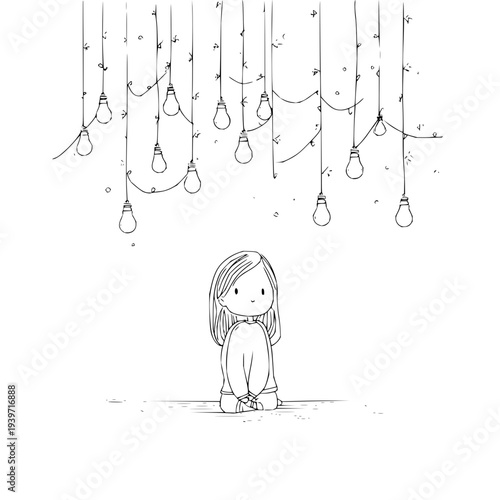 Sad Little Girl Under Hanging Light Bulbs