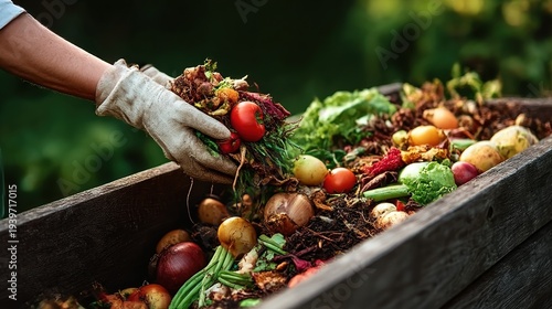 Composting Food Waste in a Wooden Bin in a Garden During Sunny Weather
