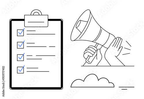 Task management concept. Visual elements of a checklist and loudspeaker highlight task management and clear communication. Task management fosters productivity and teamwork. For business