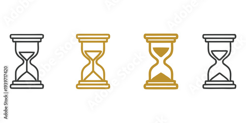 Four hourglasses in different stages of sand flow with black and yellow outlines on a white background