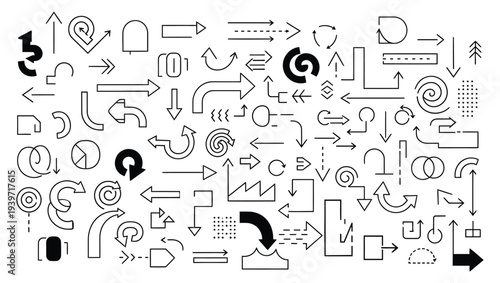 Collection of various black and white directional arrows and symbols on a white background for navigation and design