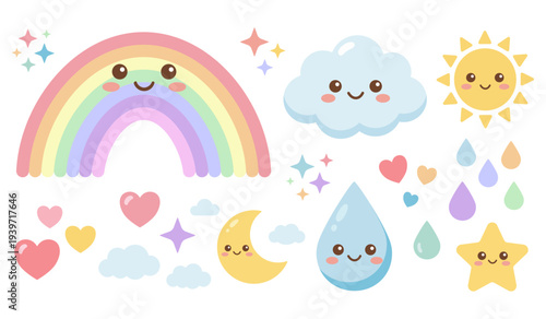 Cute kawaii weather characters set with smiling sun, rainbow, moon and clouds, flat vector illustration for baby room decor, nursery wall art, kids poster