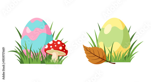 Colorful Easter Eggs and Mushroom with Autumn Leaf in Green Grass Vector Illustration Set for Spring Holiday Designs