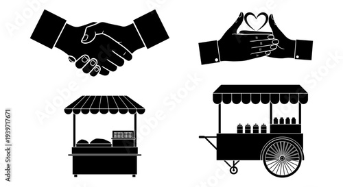 Set of 4 black silhouette vector icons featuring a handshake, hands holding a heart, a food stall, and a street food cart, ideal for business, charity, and commerce designs.