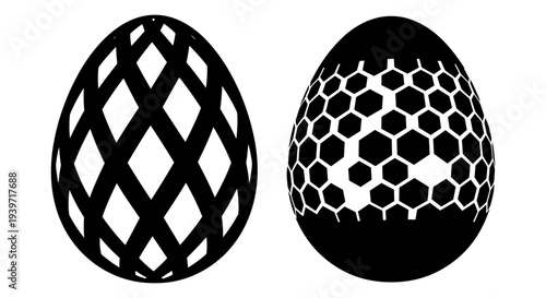 Set of 2 Black and White Decorative Easter Eggs Vector Illustrations with Geometric Diamond and Honeycomb Patterns for Holiday Design