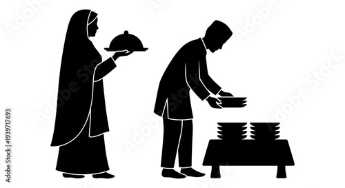Black and white vector silhouette of a Muslim woman serving food with a cloche and a man arranging plates on a table, depicting catering or hospitality service