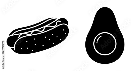 Black and white vector icons of a hot dog with mustard and an avocado cut in half, perfect for food-related designs, menus, or healthy eating concepts.