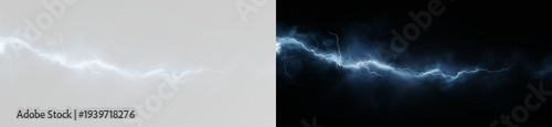 Abstract blue lightning flash split composition on white and black background. Electric thunderbolt discharge with smoky cloud texture. High voltage power spark comparison for digital technology.
