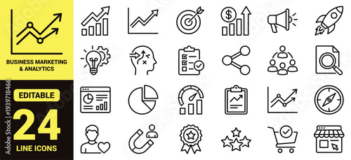Business, marketing, and analytics icon set with growth charts, strategy, teamwork, performance metrics, ecommerce, customer insights, and essential business ranking symbols in clean line‑art style
