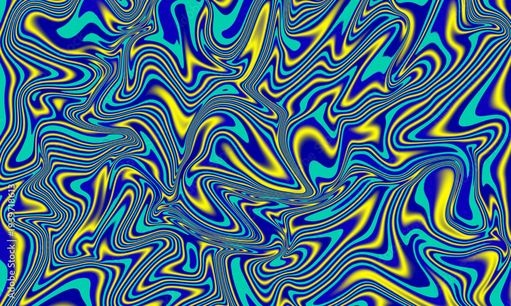 Fototapeta premium Abstract psychedelic swirls of vibrant blue, yellow, and teal creating a mesmerizing and energetic fluid art pattern, perfect for backgrounds and digital designs