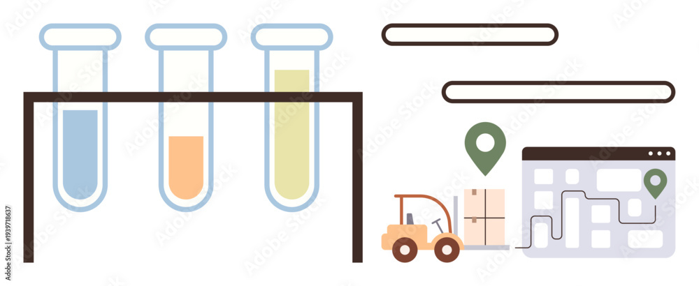 Fototapeta premium Science, research, supply chain, logistics, transportation, analysis. Test tubes with colored solutions and a logistics pathway with markers and packages. Science and supply chain concepts