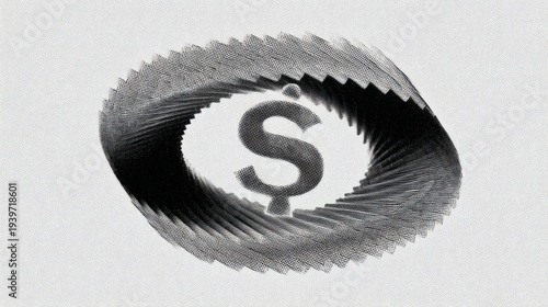 virtuosity. A distorted spiral pattern featuring a currency symbol at its center in monochromatic graphic design style. pitch deck slides.
