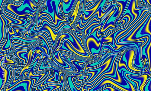 Abstract psychedelic swirls of vibrant blue, yellow, and teal creating a mesmerizing and energetic fluid art pattern, perfect for backgrounds and digital designs