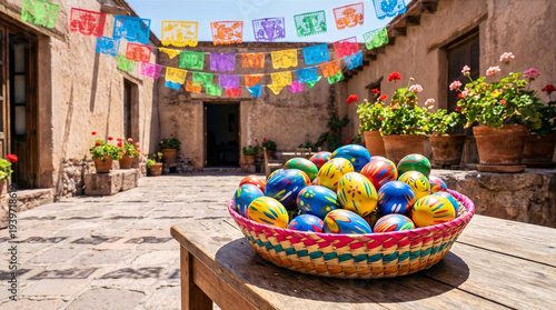 Colorful Mexican Easter eggs in a woven basket on a wooden table in a courtyard with papel picado decorations and blooming flowers in terracotta pots