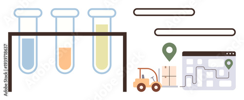 Science, research, supply chain, logistics, transportation, analysis. Test tubes with colored solutions and a logistics pathway with markers and packages. Science and supply chain concepts