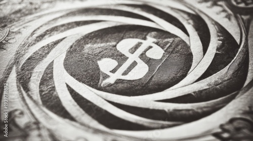 virtuosity. A distorted spiral pattern featuring a currency symbol at its center in monochromatic graphic design style. pitch deck slides.
