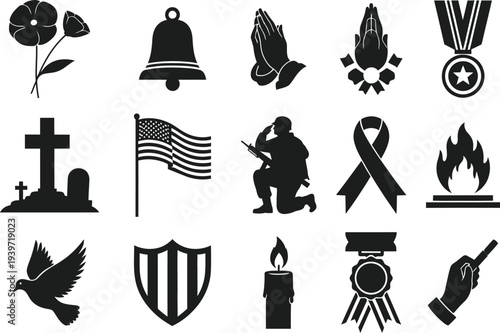 Memorial and patriotic symbols in silhouette form representing freedom honor and remembrance